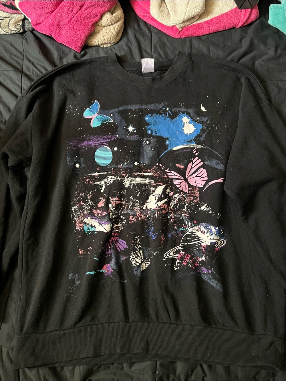 No Boundaries Black Crewneck Sweatshirt with Pink & Blue Space Butterflies